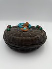 Vintage Chinese Wicker Sewing Basket With Unique Crochet Insert  5 1 2 