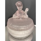 Vintage Pink Frosted Glass Powder Jar Lady Holding Hair Handle Vanity Dresser