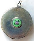 Round Vintage Vanity Silver Compact - Engine Turned Case Enamel Rose Center