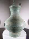 Ancient Chinese Bronze Hu With Gold Decoration And Hunting Scene With Original C