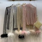 Women Rhinestone Crystal Blouse T Shirt Feather Cuff Mesh Shiny Glitter Tops