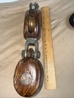 Antique Large Maritime Sailing Double Block Tackle Wooden Pulley Brass Wheel