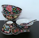 Chinese 6 Piece Mille Fleur Famille Noire Black Soup Rice Bowls Spoons Vintage 