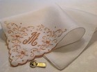  3169    premium Vintage 40s Madeira Monogram  m  Wedding Hanky Antique Champagne