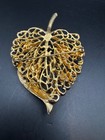 Vintage Gold Tone Filigree Leaf Brooch Faux Pearls Rhinestones Openwork Pin