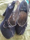 1940 s I  Magnin Womens Vintage Shoes Black Suede Gold Peep-toe Platform Sz 5
