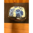 Vintage Hand Painted Porcelain Inset Lacquer Trinket Box Blue White Floral Gold