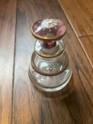 Antique Glass Gold And Pink Perfume Bottle Flower Painted On Dauber 