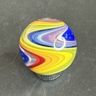 Contemporary Handmade Art Glass Marble 1 11  Rainbow Wigwag  Blue Accent  Mib