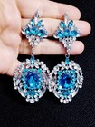 Chandelier Rhinestone Crystal Pageant Bridal Earrings Blue Drop Dangle 4 Inch