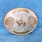 Western Horse   Rider Trophy Belt Buckle Larger Cowboy Cowgirl Vtg 90s    blt344