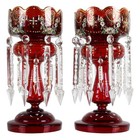 Victorian Pair Of Ruby Bohemian And Hand-painted Lusters