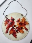 Decorative Cardinals Bird Glass Wall Art Suncatcher Fall Leaves Leather Hanger