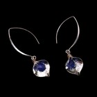 Silver Tone Leaf With Blue  Glass Crystal  Drop Earrings