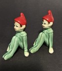 Vintage Pair Of Ceramic 1950s Pixie Sitting Elf Figurines W  Red Hats Japan  29