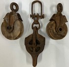 Antique V l  Ney Cast Iron   Wood Wheel 3 Barn Pulley  Two Small Matched Pulleys