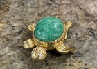 Vintage Avon Sea Turtle Solid Perfume Holder Green Cabochon Goldtone 1970s Box