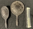 Antique Vanity Set Silver Plate Hand Mirror Brush Comb 3 Piece Ornate Heavy