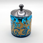 Antique Bohemian Blue Glass Jar With Cherub And Gilt Scrollwork Silverplate Lid