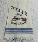 Vintage Kitchen Towel Or Tea Towel  Embroidery  Dishes  Woven Stripes  Linen