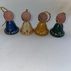 Lot Of 4 Vintage Angel Bell Wooden Christmas Ornaments Blue White Yellow Green