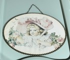 Victorian Chimney Flue Cover 1992 Bonnet Girl Print Glass Wire Chain Frame