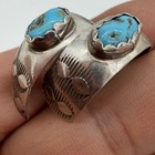 Vtg Navajo Turquoise Earrings Hoop Etched Stg Thomas Singer Signed Sterling Silv