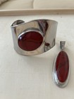 Sterling Silver Pendant And Cuff Bracelet With Polished Red Jasper  Marked 925