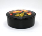 Vintage Russian Hand Painted Black Lacquer 5  Round Jewelry Trinket Box