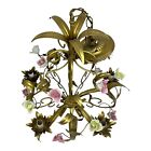 Vintage French Metal Gold Gilt  Porcelain Roses  Chandelier Lamp