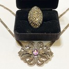 Antique Art Deco Sterling Silver Marcasite  Amethyst Necklace Ring Set