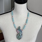 Lee Sands Blue Pink Shell Inlay Peacock Necklace Chaledony Beads Pink Pearls 21 