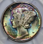 1945 Mercury 10c Silver Dime Pcgs Ms 66  Cac Approved Incredible Rainbow Toning