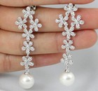 Daisy Pearl White Cz Silver Dangle Chandelier Earrings Stud Wedding Bridal Cz551