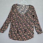 Old Navy Black Floral Shirt Long Sleeves Pullover Blouse Tie Scoop Womens Size M