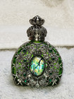 Vintage Czech Silver Filigree Green Glass Green Stone 2 25  Perfume Bottle