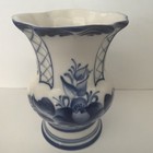 Vintage Gzhel Russian Porcelain Hand Made Floral Vase Stamped Blue And White