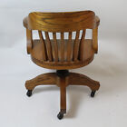 Antique Solid Wood Bankers Office Swivel Desk Arm Chair Rolls