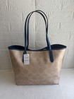 Coach Signature Logo Large Beige Blue Tote Snap Double Handles Inner Pockets