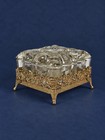 Vintage Clear Pressed Glass Trinket Jewelry Box Gold Tone Ornate Metal Footed 