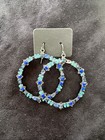 Blue Crystal Hoop Dangle Hook Earrings Silver Tone Metal Lobe Round Prong Set