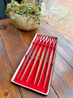 Teak Set Of 6 Vintage Mcm Long Stainless Forks Handles Fondue Japan Original Box