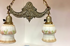 Antique Ornate Cast Brass 2 Arm Ceiling Fixture  W embossed Bonnet Shades   5062