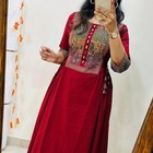 Woman Red Rayon Kurti Palazzo Set Mirror Work Anarkali Umbrella Cut Kurti Sets