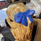 Ceramic Dog Figurine Pekingese Breed Statue Brown With Blue Bow