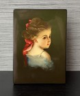 Vintage Russian Hand Painted Lacquer Box  Portrait Of Girl  Fedoskino Miniature