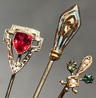 3 Antique Art Nouveau 10k Hallmark Gold Garnet Glass Enamel 2 5  Hat Pin  48-50