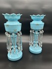 Antique Pair Victorian Blue Opaline Glass Mantle Lusters Lamps W Cut Prisms