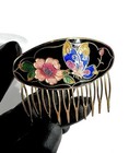 Vintage Cloisonne Enamel Hair Comb Butterfly Floral Blue Pink Gold Tone Set Of 2
