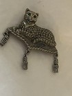 Cat On Pillow Metal Collectible Brooch Pin With Green Eyes